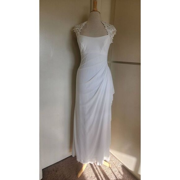 Xscape White Jersey,  Chiffon and Lace Empire Waist Gown with side Draped Oversk - Picture 1 of 11